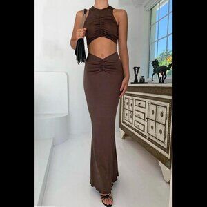 Tiger Mist Kimmie Set Brown Ruched Maxi Skirt & Crop Top S Y2K Festival Outfit